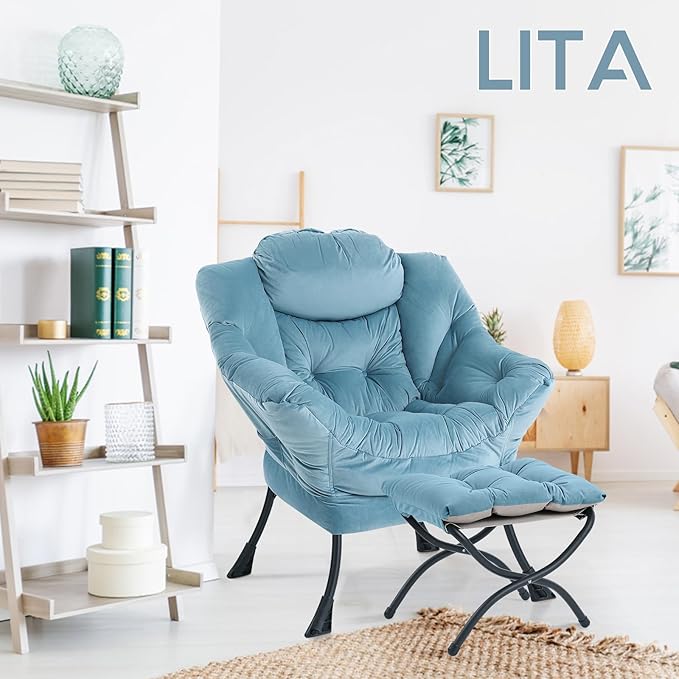 LITA Lazy Chair with Ottoman, Modern Accent Leisure Upholstered Sofa Chair, Contemporary Lounge Reading Chair with Armrests and a Side Pocket for Living Room, Bedroom & Small Space, Light Blue - LeafyLoom