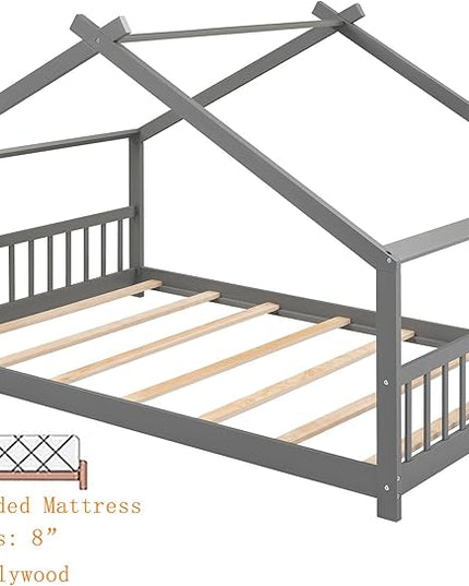Montessori Floor Bed Frame Full Size, Full Floor Bed Frame with Headboard, Footboard and Slats, Wood Montessori Bed Frame/Montessori House Bed for Kids, Girls, Boys(Gray) - LeafyLoom