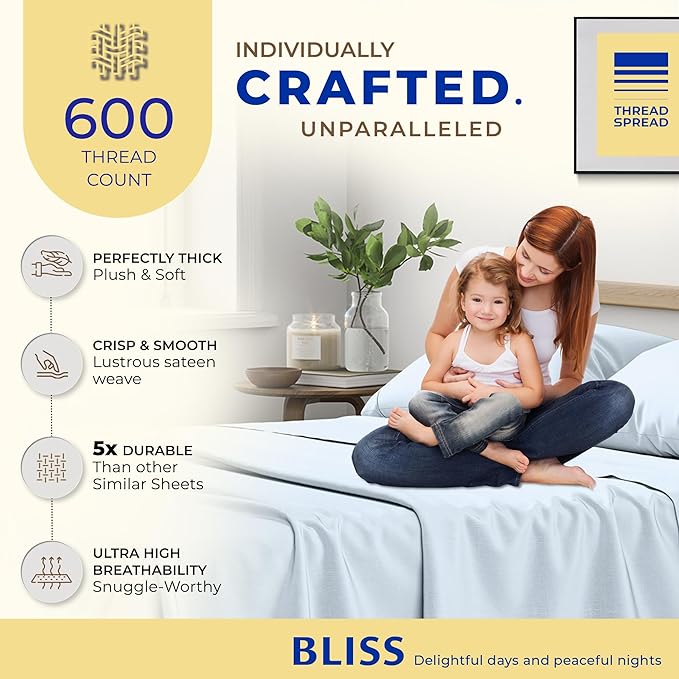 THREAD SPREAD 100% Egyptian Cotton Split King Sheets Sets for Adjustable Bed - 600 Thread Count 5 PC Top Split King Sheets, 16" Deep Pocket Cooling Sheets for Split King Adjustable Bed - Light Blue - LeafyLoom