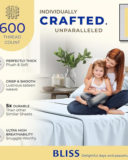 THREAD SPREAD 100% Egyptian Cotton Sheets Twin - 600 Thread Count Sheets Twin, 3 PC Deep Pocket Twin Sheets, Soft, Cooling Sateen Weave Extra Long Twin Sheets for Dorm, 16 in Deep Pocket - Light Blue - LeafyLoom