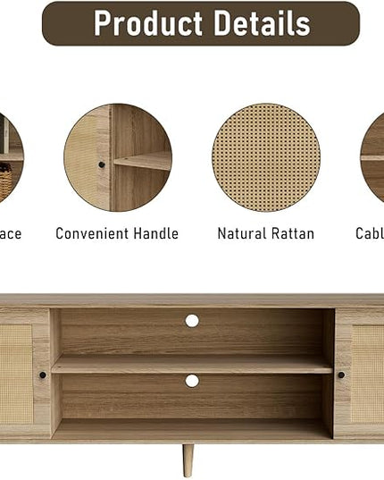 Media TV Stands for 75+ Inch TV,Entertainment Center with Adjustable Shelf, Rattan TV Console with 2 Cabinets,Mid Century Modern TV Console Table for Living Room Bedroom - LeafyLoom
