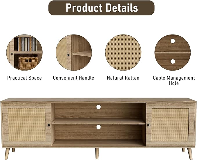 Media TV Stands for 75+ Inch TV,Entertainment Center with Adjustable Shelf, Rattan TV Console with 2 Cabinets,Mid Century Modern TV Console Table for Living Room Bedroom - LeafyLoom