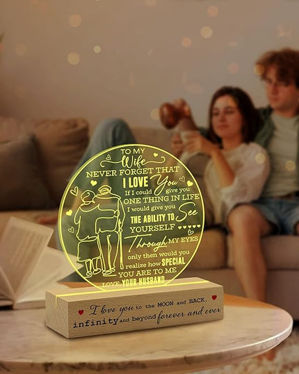 to My Wife 3D Illusion Lamp USB Powered, Wife Gifts from Husband, Gift for Her on Mothers Day Valentines Christmas, Wife Acrylic Night Light, Romantic Anniversary Wedding Gifts for Wife - LeafyLoom