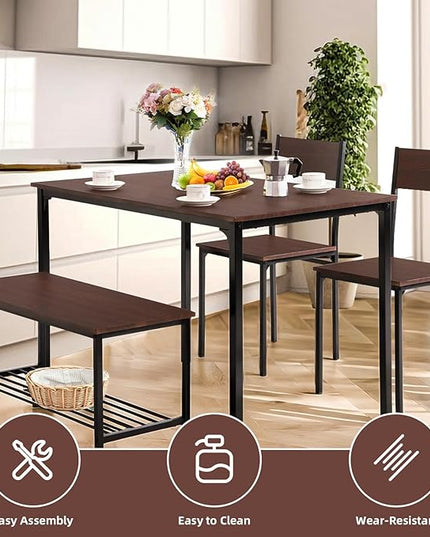 Dining Table Set for 4 Person - Wooden Kitchen Table Chairs Set Modern Dining Table with 2 Chairs and Bench with Storage, PVC Wood Grain Waterproof for Apartments, Restaurants - LeafyLoom
