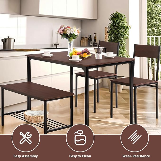 Dining Table Set for 4 Person - Wooden Kitchen Table Chairs Set Modern Dining Table with 2 Chairs and Bench with Storage, PVC Wood Grain Waterproof for Apartments, Restaurants - LeafyLoom