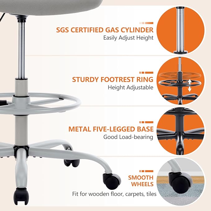 Sweetcrispy Home Office Drafting Desk Chair - Ergonomic High Stool Computer with Adjustable Height and Comfy Lumbar Support, Tall Rolling Task for Standing Desk with Flip-up Arm and Footrest, Grey - LeafyLoom