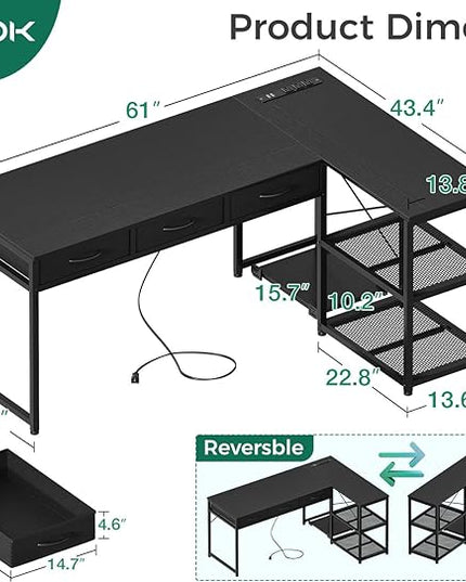 AODK 61 Inch L Shaped Computer Desk with Drawers, Corner Desk with Power Outlets & Reversible Storage Shelves, Movable CPU Stand for Home Office Gaming, Black - LeafyLoom