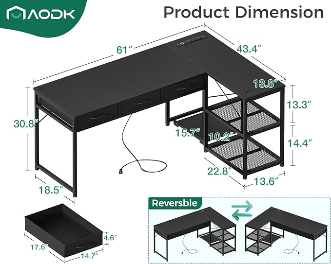 AODK 61 Inch L Shaped Computer Desk with Drawers, Corner Desk with Power Outlets & Reversible Storage Shelves, Movable CPU Stand for Home Office Gaming, Black - LeafyLoom