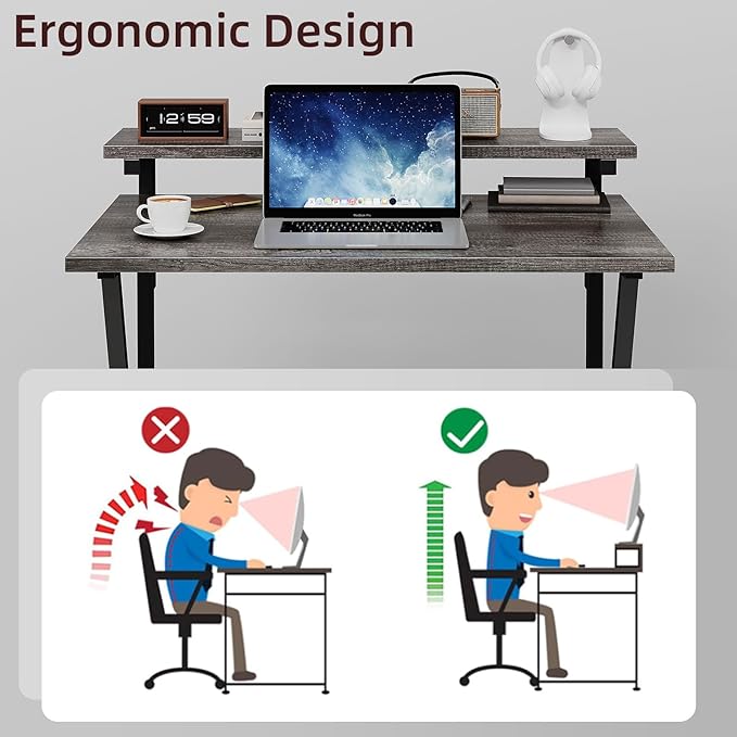 COTUBLR Small Desk, Small Computer Desk for Small Spaces, 27.5 Inch Computer Desk with Adjustable Monitor Stand, Compact Desk with Storage, Tiny Desk Study Desk for Bedroom Home Office, Grey - LeafyLoom