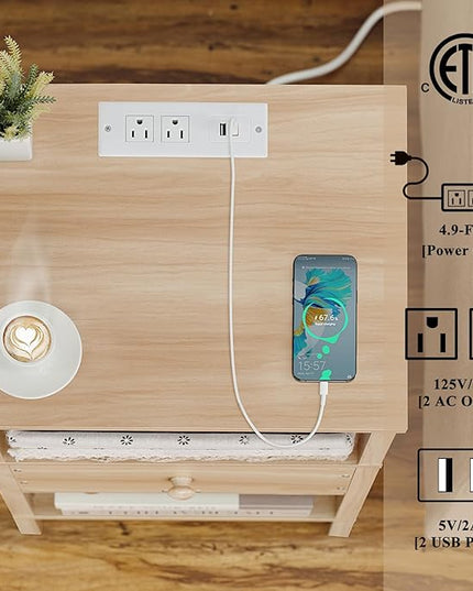 Lerliuo Nightstand Set of 2 with Charging Station and USB Ports, 3-Tier Storage End Table with Drawer Shelf, Night Stand for Small Spaces, Wood Bedside Table for Living Room, Bedroom-Light Wood Grain - LeafyLoom