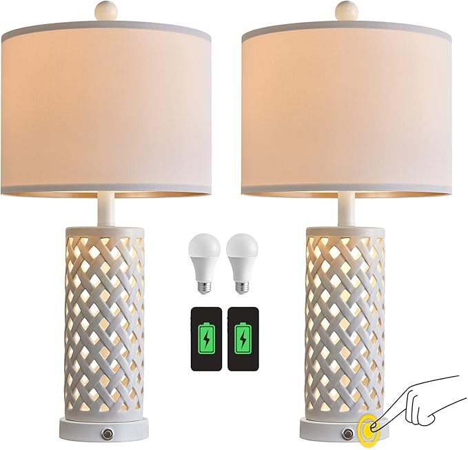 OYEARS 24.75'' Touch Control Table Lamp 3-Way Dimmable Bedroom Nightstand Set of 2 for Living Room Farmhouse Vintage Retro USB Bedside Ceramic Lamps with Linen Shade for Home Office (Bulb Included) - LeafyLoom