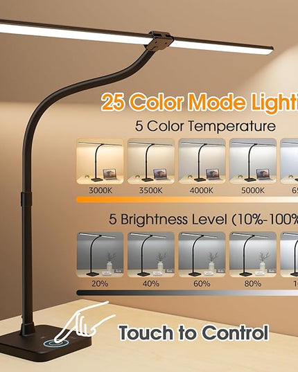 ShineTech LED Desk Lamp for Home Office, 24W Double Head Desk Light with Wireless Charging, USB Port, 25 Lighting Modes Adjustable Gooseneck Lamps - LeafyLoom