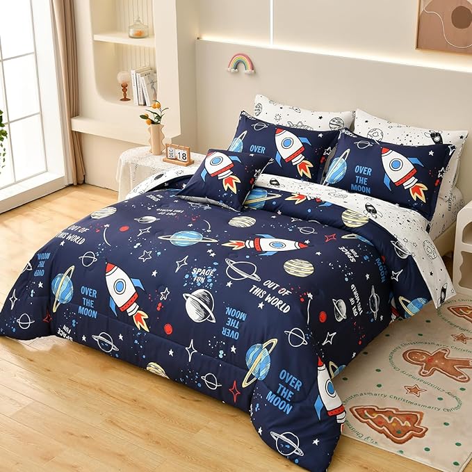 Rocket Comforter Set Full Size, 8 Piece Bed in a Bag Space Bedding Sets for Boys Girls Kids - LeafyLoom