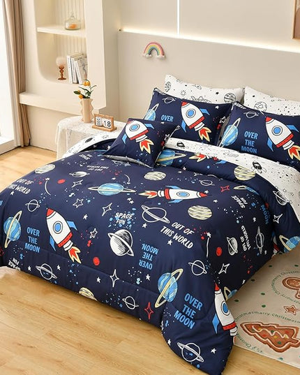 8 Piece Kid Comforter Set Twin Size Bed in a Bag, Space Rocket Bedding Set for Teen Boys Girls - LeafyLoom