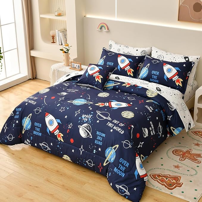 8 Piece Kid Comforter Set Twin Size Bed in a Bag, Space Rocket Bedding Set for Teen Boys Girls - LeafyLoom