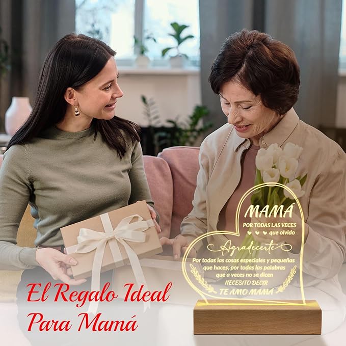 Regalos para Mamá, Gifts for Mom in Spanish, Regalo De Cumpleaños Para Madre- Engraved Wooden Base Lamp Presents- Regalos Para Mujer, Mama Gifts - LeafyLoom
