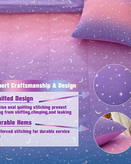 JQinHome Twin Girls Comforter Set,6 Piece Bed in A Bag 3D Purple Orange Glitter Bedding Set -All Season Microfiber Rainbow Bedding Sets for Girls Women - LeafyLoom