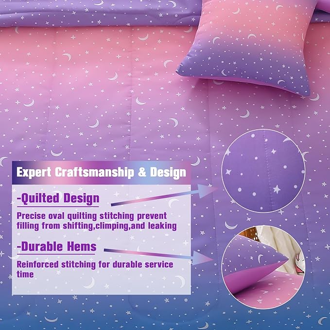 JQinHome Queen Girls Comforter Set,6 Piece Bed in A Bag 3D Purple Orange Glitter Bedding Set -All Season Microfiber Rainbow Bedding Sets for Girls Women - LeafyLoom