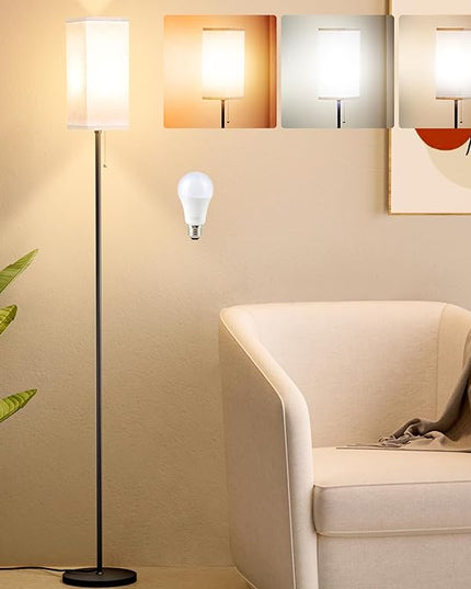 Tall Floor Lamp with Linen Shade - 3 Color Temperature, Black, LED Bulbs, Pull Chain Switch, Easy Assembly - LeafyLoom