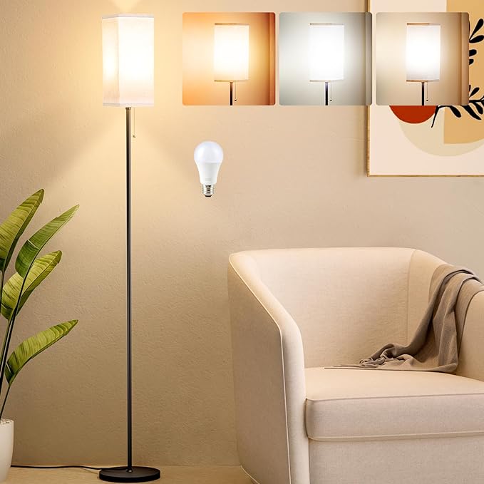 Tall Floor Lamp with Linen Shade - 3 Color Temperature, Black, LED Bulbs, Pull Chain Switch, Easy Assembly - LeafyLoom