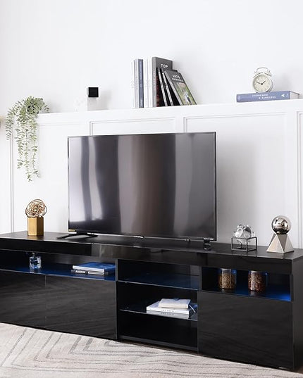 Merax LED TV Stand for 80" TVs with Multi-Functional Storage, Modern Television Cabinet Table Media Console with Drawer and Led Lights, High Glossy Entertainment Center for Living Room Bedroom, Black - LeafyLoom