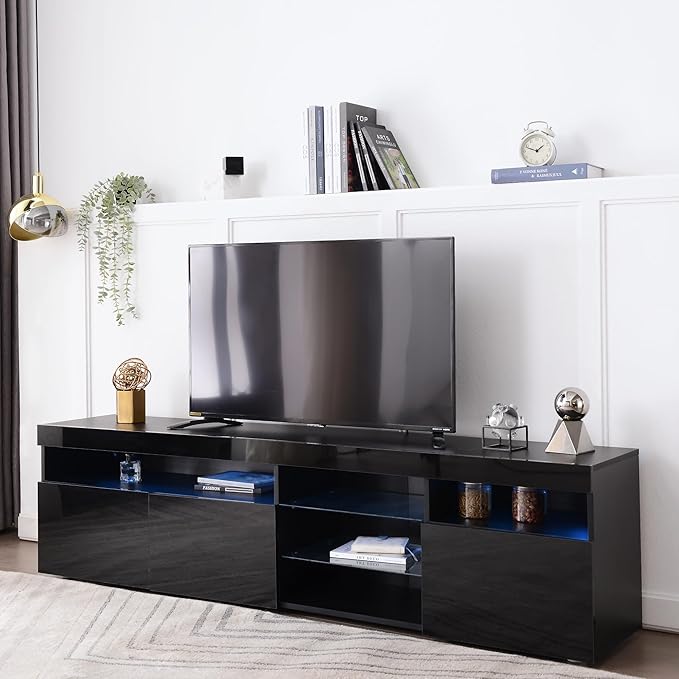 Merax LED TV Stand for 80" TVs with Multi-Functional Storage, Modern Television Cabinet Table Media Console with Drawer and Led Lights, High Glossy Entertainment Center for Living Room Bedroom, Black - LeafyLoom