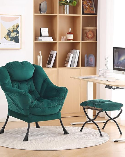 LITA Lazy Chair with Ottoman, Modern Accent Leisure Upholstered Sofa Chair, Contemporary Lounge Reading Chair with Armrests and a Side Pocket for Living Room, Bedroom & Small Space, Dark green - LeafyLoom