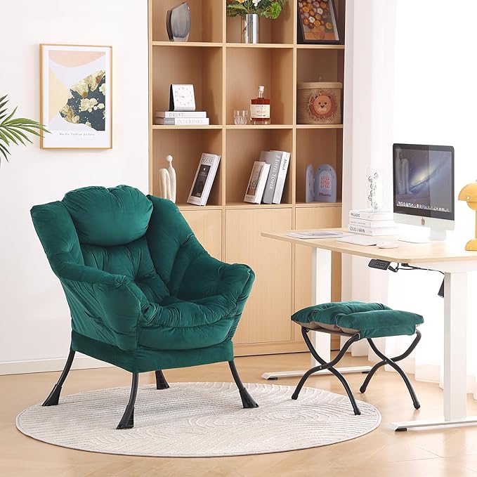 LITA Lazy Chair with Ottoman, Modern Accent Leisure Upholstered Sofa Chair, Contemporary Lounge Reading Chair with Armrests and a Side Pocket for Living Room, Bedroom & Small Space, Dark green - LeafyLoom
