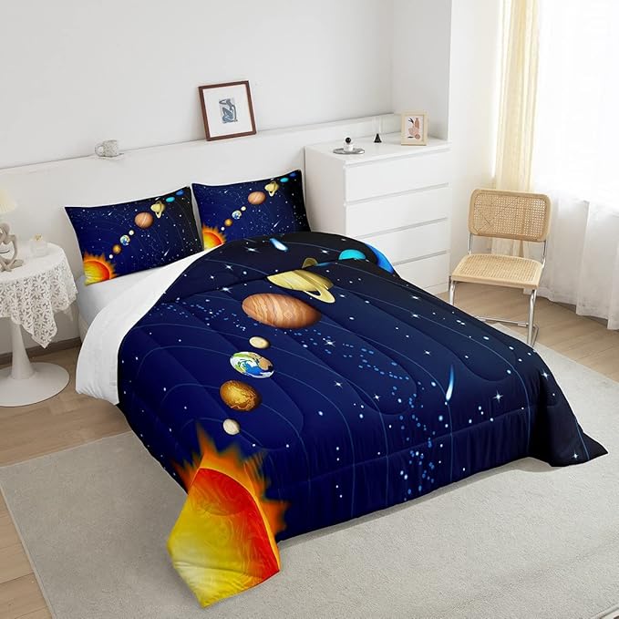 Erosebridal Boys Outer Space Down Comforter, Kids Galaxy Nebula Comforter Set King Size, Starry Sky Cosmos Bedding Set for Children Girls, Solar System Starry Landscape Quilted Duvet, Blue Purple - LeafyLoom