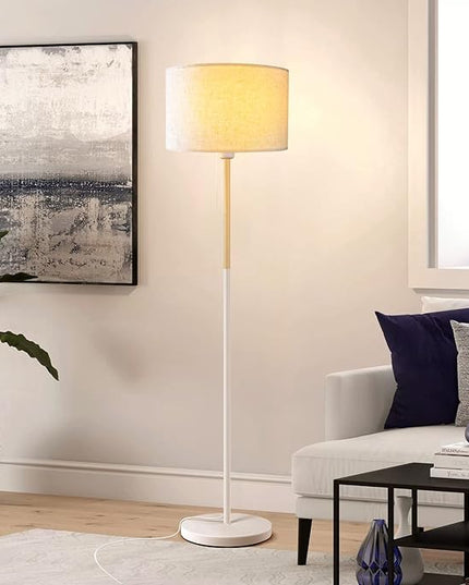 Modern Floor Lamp for Living Room Traditional Farmhouse Floor Lamps Mid-Century Pole Lamp with Linen Lamp Shade, Standing Tall Floor Lamps for Bedrooms and Office (White) - LeafyLoom