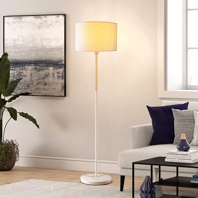 Modern Floor Lamp for Living Room Traditional Farmhouse Floor Lamps Mid-Century Pole Lamp with Linen Lamp Shade, Standing Tall Floor Lamps for Bedrooms and Office (White) - LeafyLoom