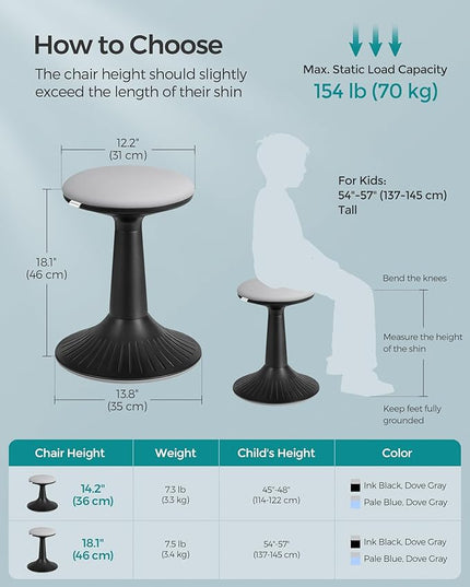 SONGMICS Kids Wobble Chair, Wiggle Stool for Kids Ages 8-12, Comfortable 60D Foam Seat, Breathable Fabric, Anti-Slip Base, 18.1-Inch High, Tool-Free Assembly, Ink Black and Dove Gray UOSC010B01 - LeafyLoom