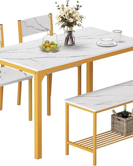SogesHome 4-Piece Kitchen Table and 2 Chairs for 4 with Bench, Dining Table Set for Small Space, Apartment, Living-Room, Restaurant, Golden - LeafyLoom
