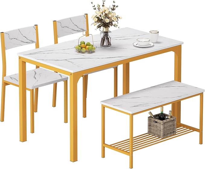 SogesHome 4-Piece Kitchen Table and 2 Chairs for 4 with Bench, Dining Table Set for Small Space, Apartment, Living-Room, Restaurant, Golden - LeafyLoom