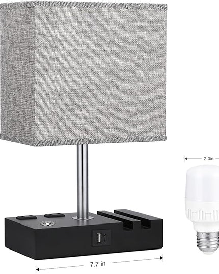 Kakanuo Nightstand Lamp for Bedroom with Dual USB Ports, Grey Touch Control Bedside Table Lamp with Charging Outlets and Phone Stands, 3-Way Dimmable Desk Lamp for Living Room, LED Bulb Included - LeafyLoom
