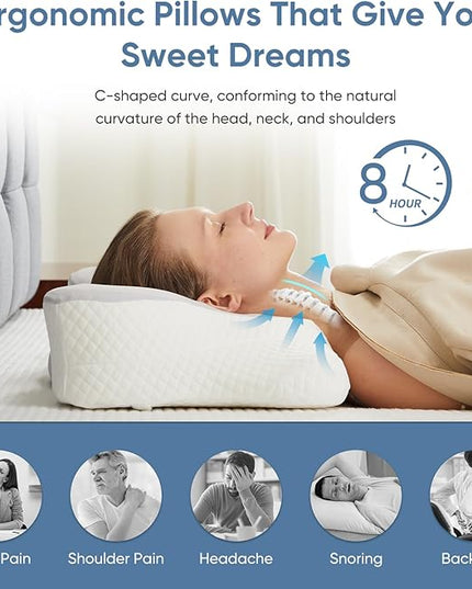 JHK Contour Neck Pillows for Neck Pain Relief, Ergonomic Cervical Neck Pillow, Memory Foam Orthopedic Bed Pillow for Side Back Stomach Sleeper, Cooling Pillow with Breathable Pillowcase - LeafyLoom