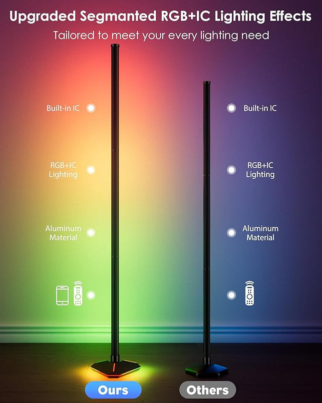 2PCS Corner Floor Lamp with Illuminated Base, RGB LED Corner Lamp with Remote Control, Dimmable Modern Floor Lamp with Music Sync, Color Changing Standing Floor Lamp for Living Room Game Room - LeafyLoom