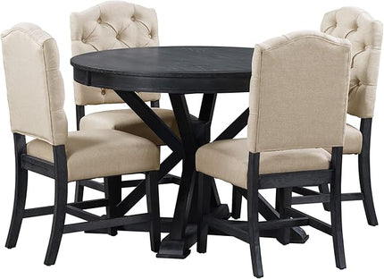 Small Dining Table Set for 4-6, Modern Round Extendable Table and Upholstered Chairs, X-Shaped Cross Base, Button Tufting Backrest, Retro Style Home Furniture for Small Spaces, Living Room - LeafyLoom
