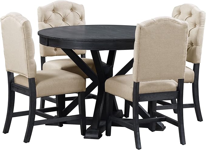 Small Dining Table Set for 4-6, Modern Round Extendable Table and Upholstered Chairs, X-Shaped Cross Base, Button Tufting Backrest, Retro Style Home Furniture for Small Spaces, Living Room - LeafyLoom