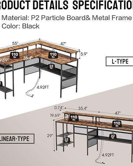 L Shaped Gaming Desk with Power Outlets & LED Lights, Computer Desk with Monitor Stand & Storage Shelves, Home Office L Shaped Desk Corner Gaming Desk, Brown - LeafyLoom
