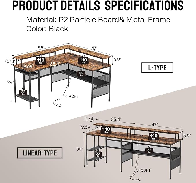 L Shaped Gaming Desk with Power Outlets & LED Lights, Computer Desk with Monitor Stand & Storage Shelves, Home Office L Shaped Desk Corner Gaming Desk, Brown - LeafyLoom