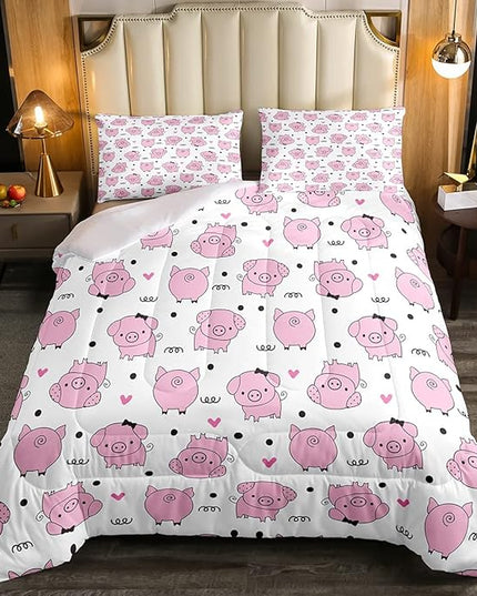 Erosebridal Pink Pig Comforter Set for Girls Kawaii Room Decor Queen,Cute Pigs Bedding Set for Kids Boys Children Farm Animal Quilted Duvet Sets Cartoom Style Soft Lightweight Down Comforter 3 Pcs - LeafyLoom
