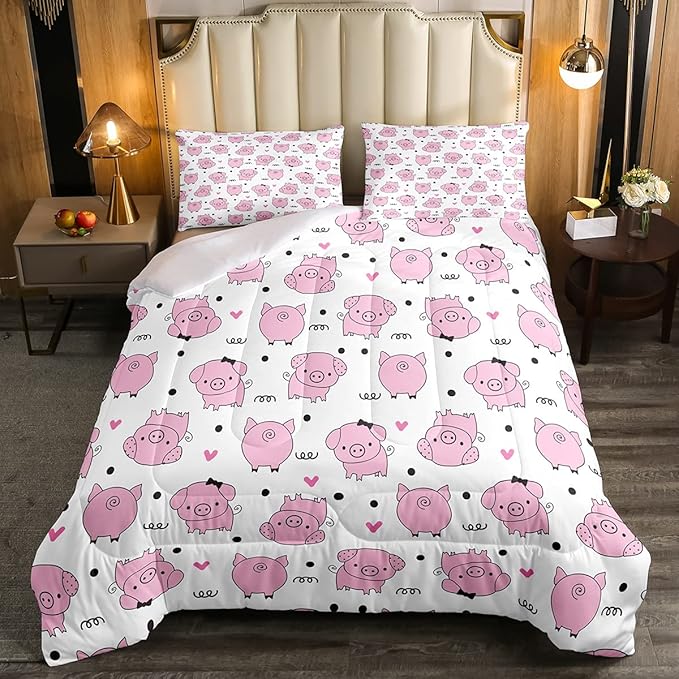 Erosebridal Pink Pig Comforter Set for Girls Kawaii Room Decor Queen,Cute Pigs Bedding Set for Kids Boys Children Farm Animal Quilted Duvet Sets Cartoom Style Soft Lightweight Down Comforter 3 Pcs - LeafyLoom