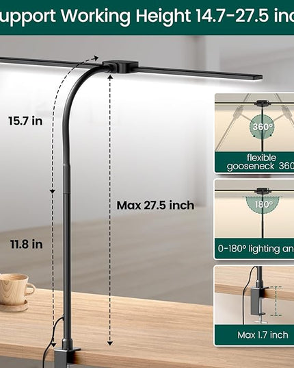 LED Desk Lamp for Home Office, Double Head Computer Desk Lights with Clamp & Wireless Remote, 12 Lighting Modes, Flexible Gooseneck Adjustable Smart Table Reading Study - LeafyLoom