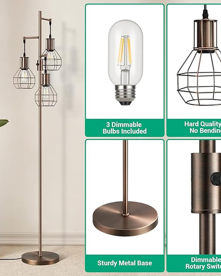 EDISHINE Dimmable Industrial Floor Lamp, Farmhouse Standing Lamp for Living Room, Bedroom, 3 LED Edsion Bulbs Included, Rotary Switch, 65in Rustic Tree Reading Lamps for Study Room, Office - Brown - LeafyLoom