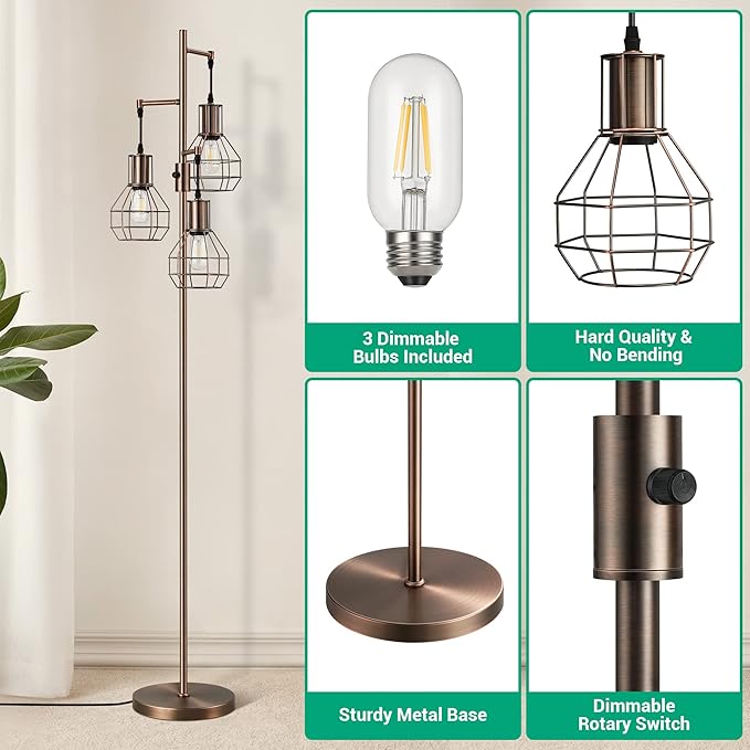 EDISHINE Dimmable Industrial Floor Lamp, Farmhouse Standing Lamp for Living Room, Bedroom, 3 LED Edsion Bulbs Included, Rotary Switch, 65in Rustic Tree Reading Lamps for Study Room, Office - Brown - LeafyLoom