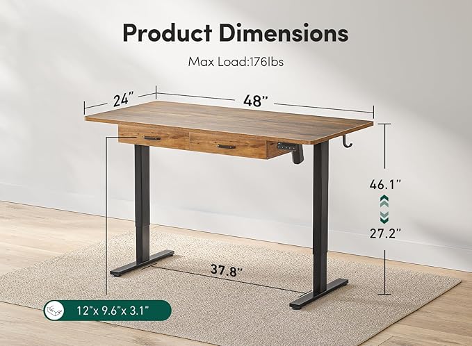FEZIBO Standing Desk with Double Drawer, 48x 24 Inches Adjustable Height Electric Stand up desk, Ergonomic Workstation Black Frame/Fir Brown Top - LeafyLoom