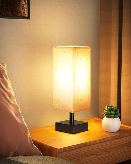 Small Table Lamps Set of 2 - Beige, Minimalist Lamps Set, Square Fabric Shade, for Kids Room Office Dorm, Push Button, Bulb NOT Included - LeafyLoom