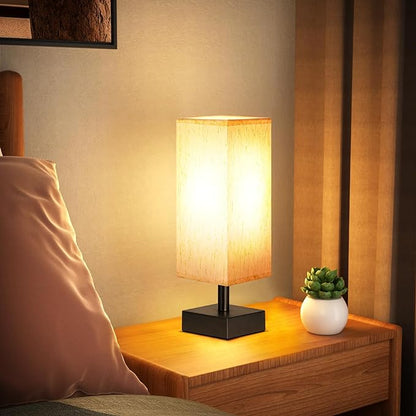 Small Table Lamps Set of 2 - Beige, Minimalist Lamps Set, Square Fabric Shade, for Kids Room Office Dorm, Push Button, Bulb NOT Included - LeafyLoom