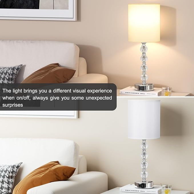 Acaxin Touch Bedside Crystal Lamps for Bedrooms Nightstand with USB C+A Charging Port and AC Outlet White, 3 Way Dimmable Silver Large End Side Table Lamp for Living/Guest/Dinning Room/Kitchen - LeafyLoom